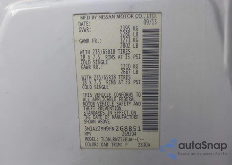 2015 Nissan Murano Sl from USA, damaged, VIN 5N1AZ2MH9FN268851